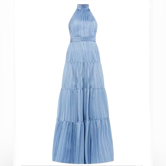 MAC DUGGAL High Neck Tiered Maxi Dress Slate Blue Metallic Silver Formal  Size 4 - Picture 6 of 15